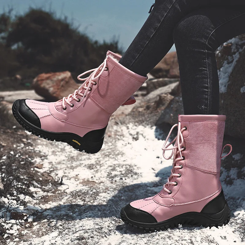 

Women's Winter Boots Waterproof Warm Faux Fur Lined Ladies Snow Boots Fashion Mid Carf Leather Duck Boots Lace Up Insulated