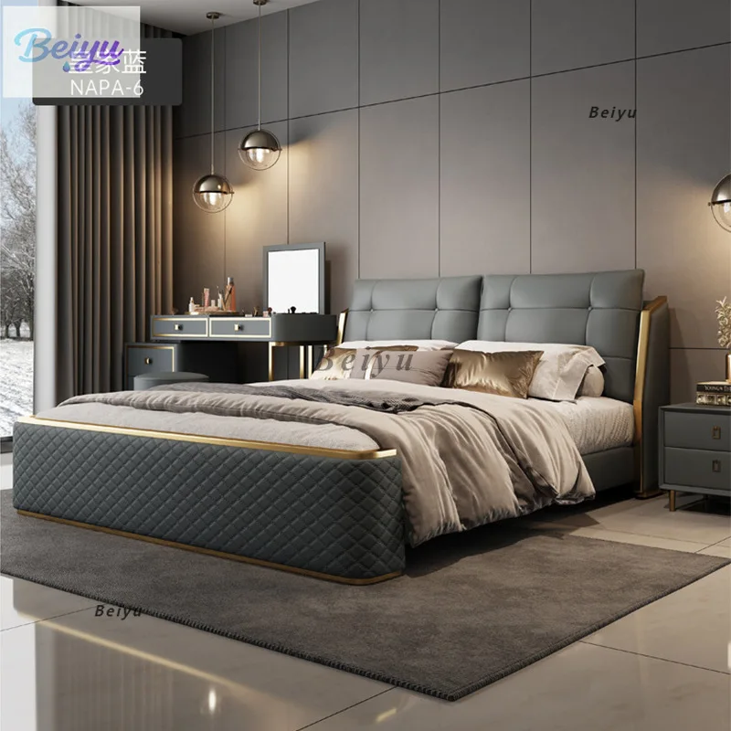 

Современная простая легкая роскошная кожаная кровать 1,8 метра, роскошная двуспальная кровать для главной спальни, итальянская мягкая сумка из кожи Напа, 2,2 метра