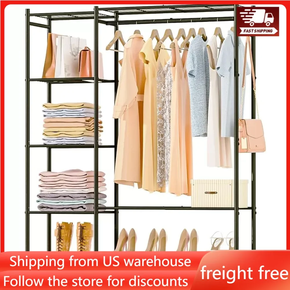 Clothing Rack with Shelves, Portable Wardrobe Closet for Hanging Clothes Rods, Free Standing Shelves Organizers and Storage