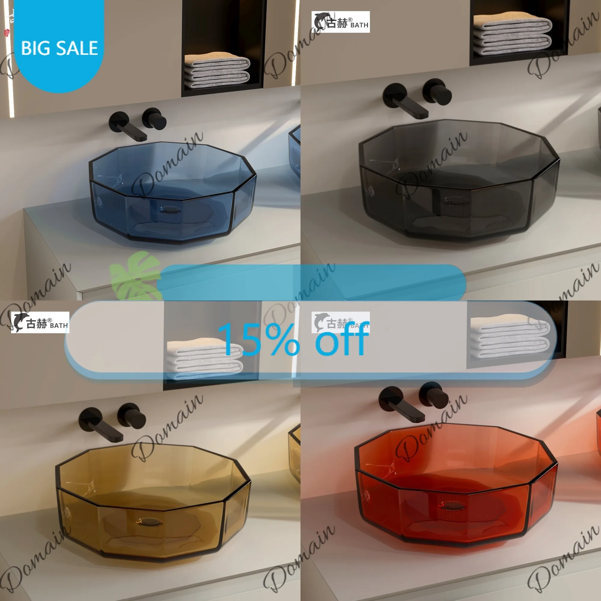 Th Blue Colorful Transparent Resin Artificial Stone Hotel Villa Balcony Bathroom Washbasin Countertop Sink