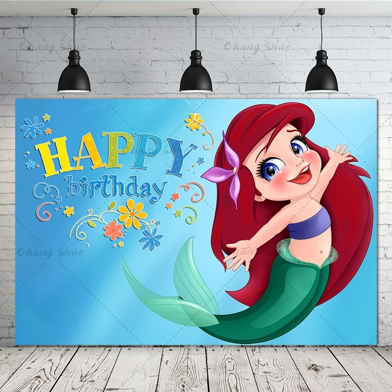 Disney Princess Ariel Backdrop Little Mermaid Girls Birthday Party Decoration Banner Baby Shower Vinyl Photography Background