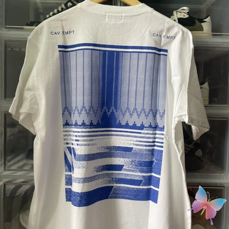 24ss Summer CAVEMPT Tshirts High Quality Cotton Blue Washed Wave Stripe Abstract Print Short Sleeve Men Women CE T-shirt