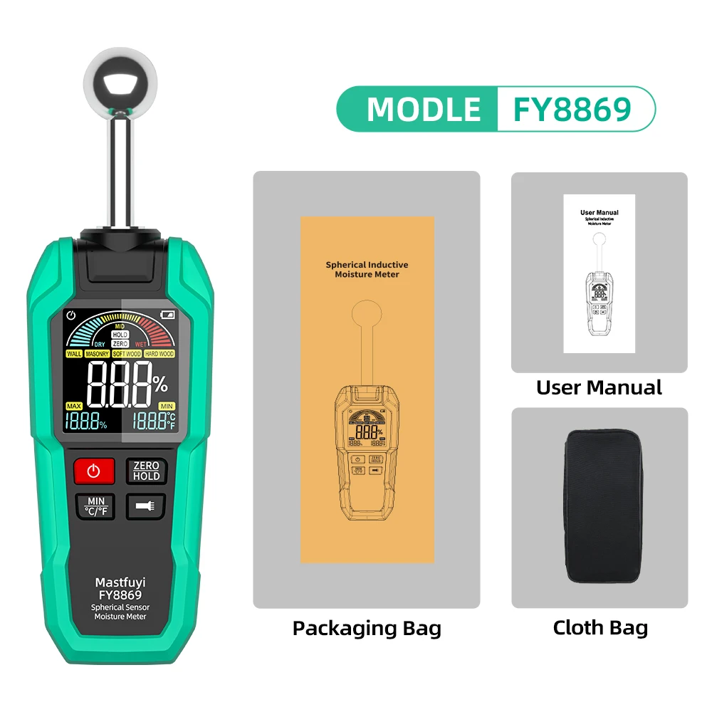MASTFUYI vochtmeter niet-destructieve bolvormige sensor, 40 mm diepe detectie TFT-display voor hout, beton en meerdere materialen