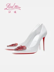 Red soled heart-shaped rhinestone shallow mouth pointed white high heels, feminine temperament, slim heels, wedding single shoes