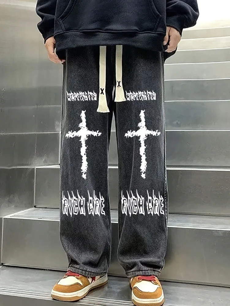 مطبوعة الأسود فضفاض الجينز السراويل الرجال مستقيم كبير الحجم الرسم عادية واسعة الساق الدنيم السراويل الطويلة الكورية الرباط Sweatpants #5