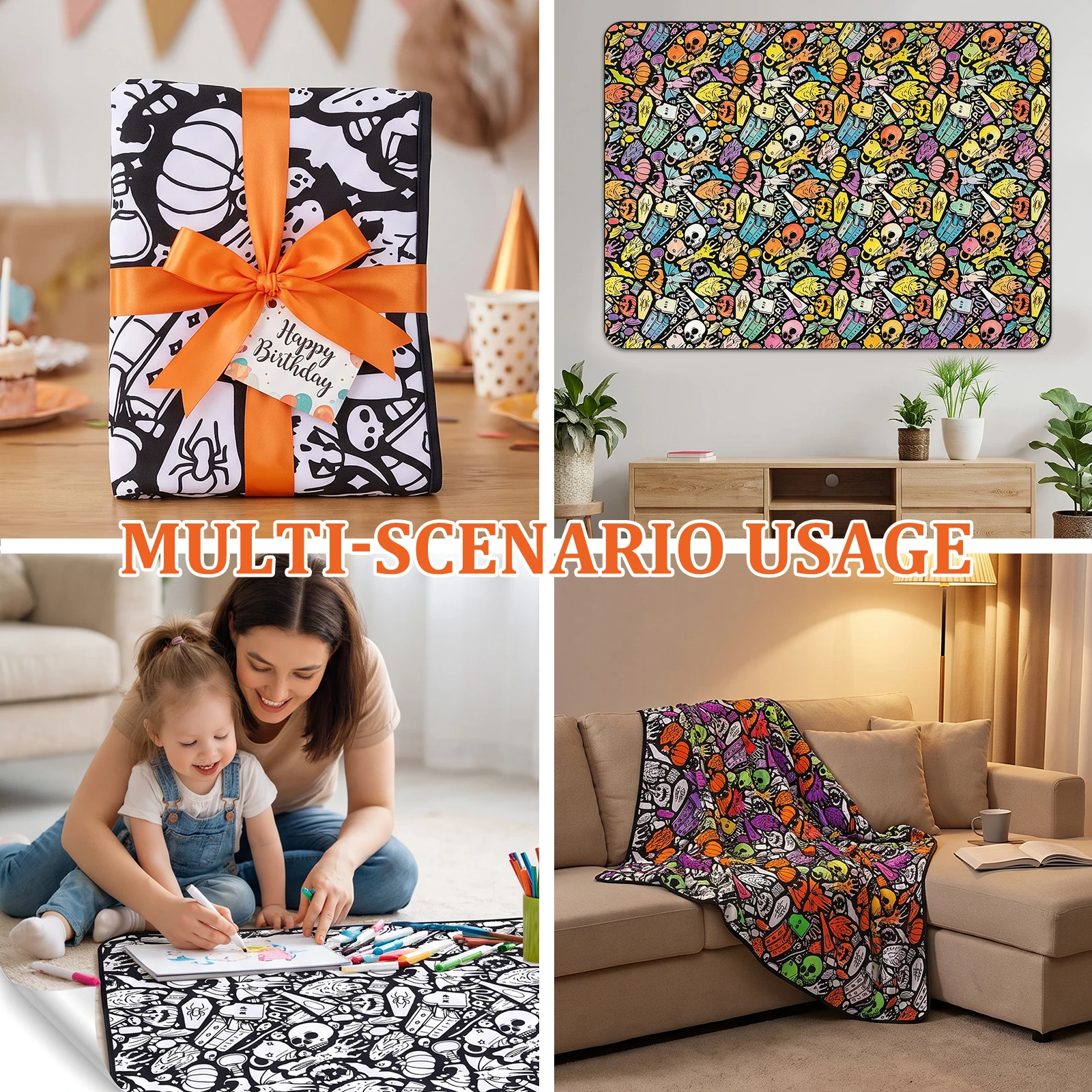 DIY Coloring Blanket with 24 Colored Marker Reusable and Washable Skeleton Themed Coloring Throw Blanket Home Decor Gift