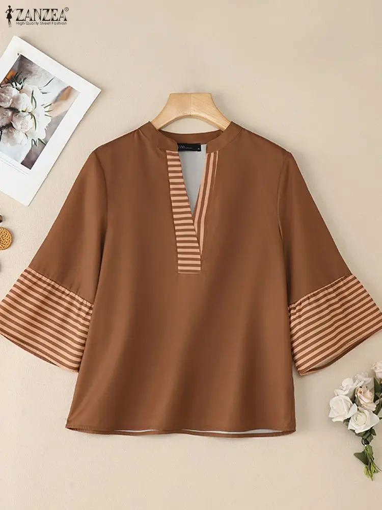 ZANZEA Camicette da donna patchwork a righe con scollo a V Manica svasata a 3/4 Pullover allentato Top Autunno 2025 Nuovo abbigliamento casual quotidiano S-3XL