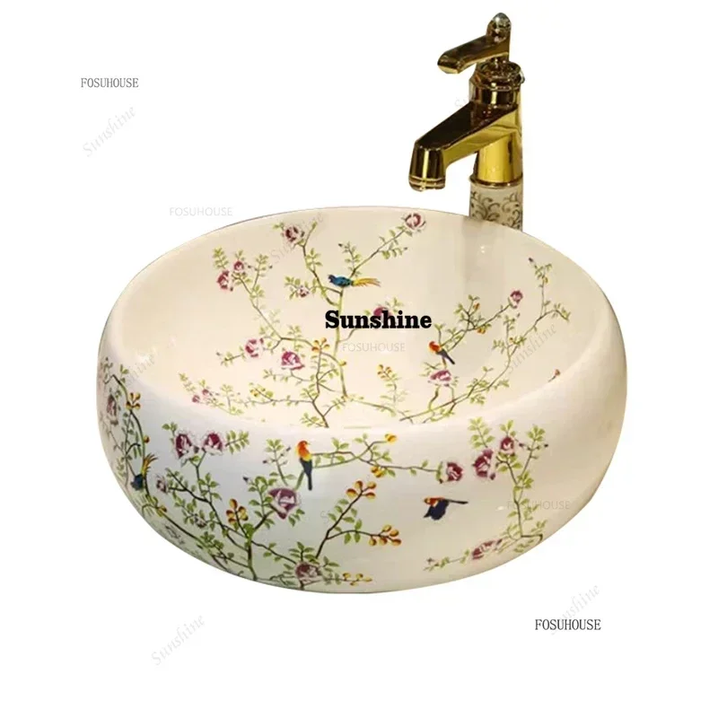 European Ceramic Wash Basin Luxury Art Bathroom Sinks Retro Home Round Single Basin Balcony Toilet Creative Hand Painted Basin L
