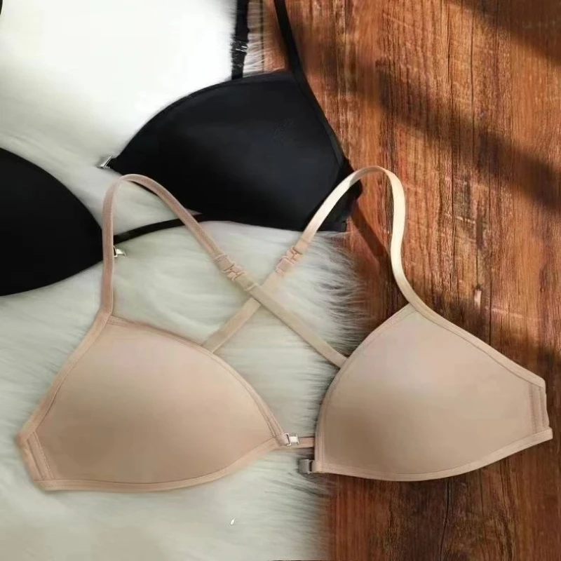 Sutiã Feminino Sem Costura com Fecho Frontal, Alças Finas, Sem Aro, Push Up, Suporte Franzido, Conforto Respirável, Uso Versátil