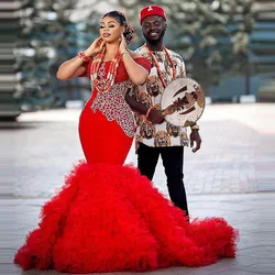 Red Aso Ebi Mermaid Prom Dresses Off The Shoulder Tiered Bottom Appliques Beads Lace Up Evening Dress Formal Party Wear