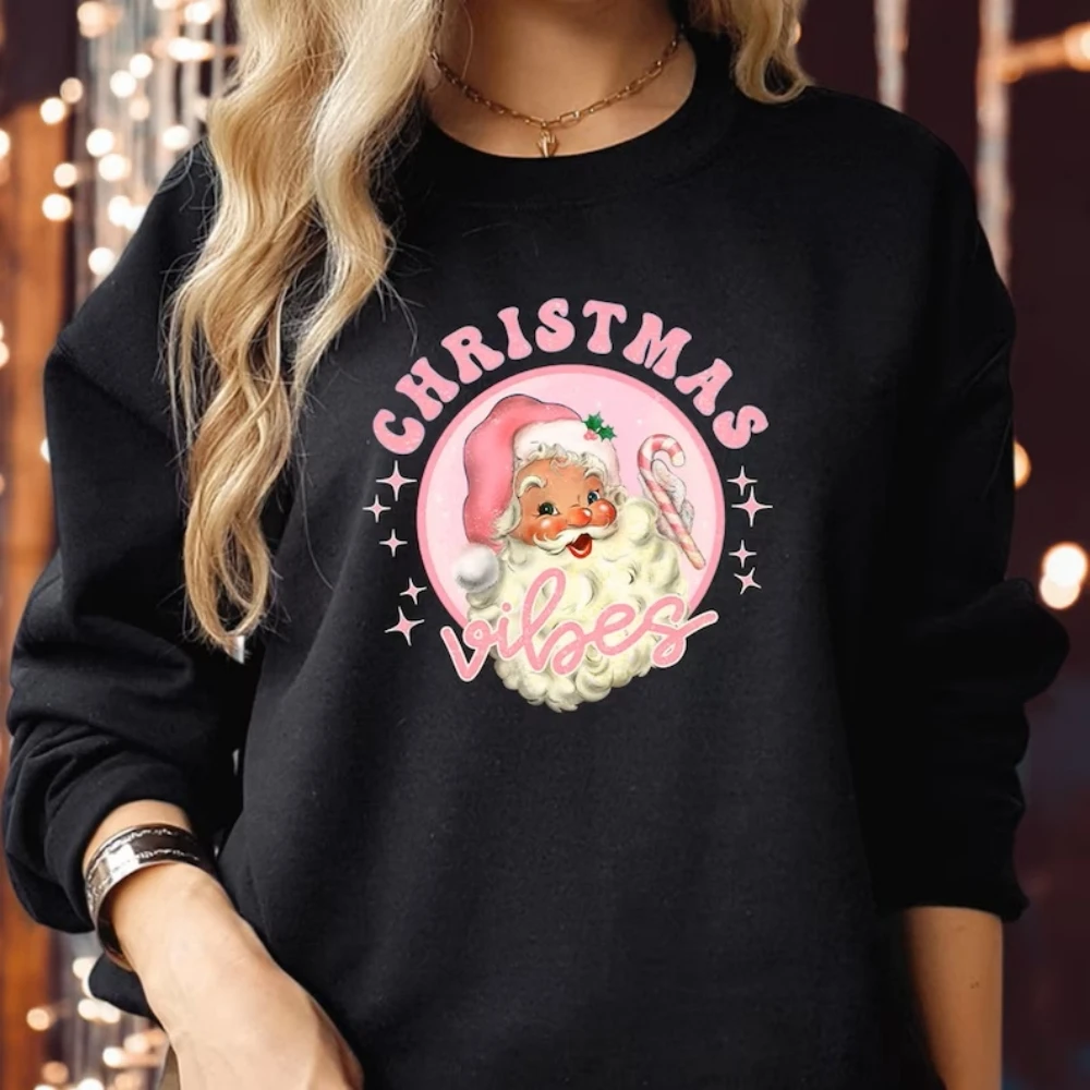 Santa Pattern Christmas Shirt Pullover, Casual  Long Sleeve Crew Neck Sweatshirt For Fall & Winter, Women\'s Clothing