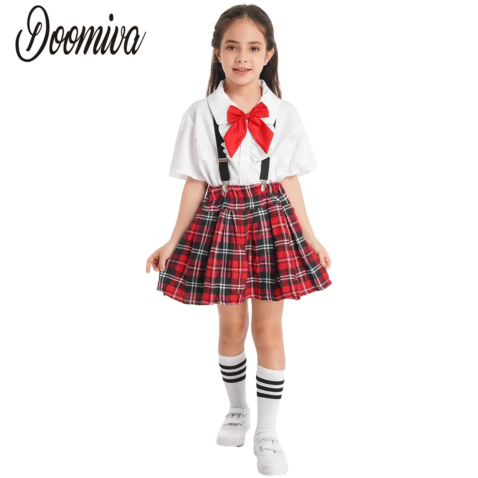 Kids Girls Student School Uniforms Tee Shirts with Suspenders Skirts Socks Choir Performance Costume Children Schoolgirl Suit