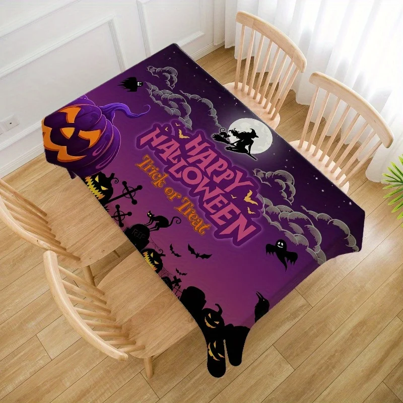 Jit 1 piece Halloween tablecloth purple gradual change background witch horror cat and graveyard theme, kitchen table decoration