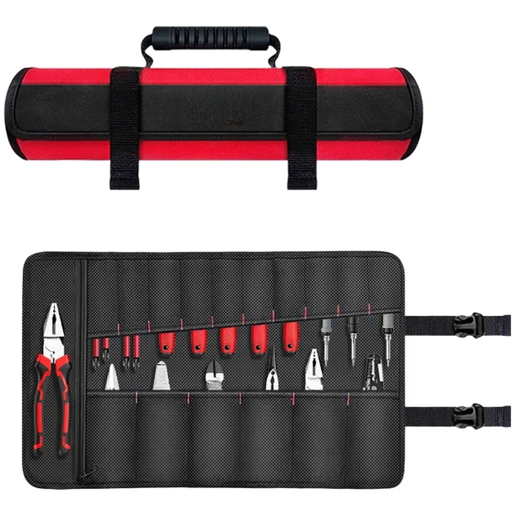 Red 16 Pocket Roll Up Tool Bag 1680D Oxford Waterproof Storage Case For Electrician Construction Gardening With Zipper Handle