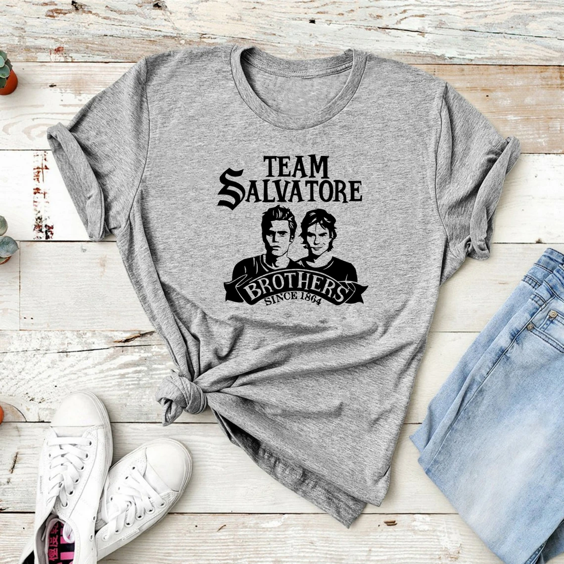 Salvatore Brothers T-Shirt Team Salvatore Shirt Women Short Sleeve Graphic Tees Stefan and Damon Salvatore T-shirt Women Clothes