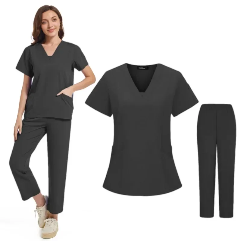 Mulheres Multicolor Enfermagem Scrubs Conjunto, Uniformes de Enfermeira, Manga Curta V-Neck Top, Calças Retas, Pet Doctor Medical Workwear, Novo