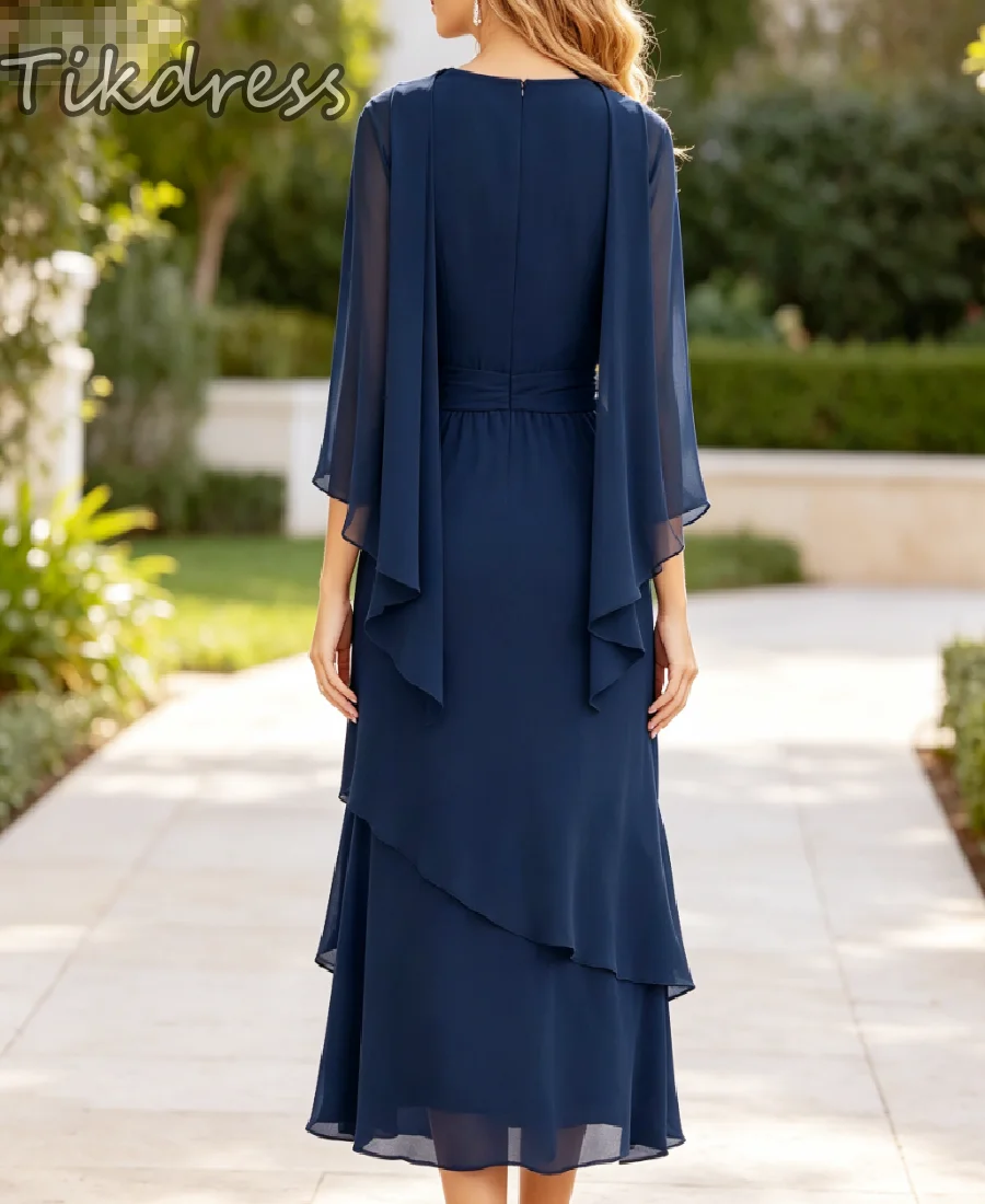 Navy Chiffon Mother Of The Bride Dresses V Neck Cape Sleeve Midi Formal Dress Asymmetrical Ruffle Tea Length Groom Mom Evening