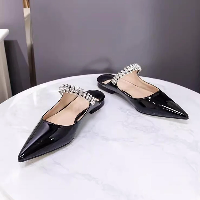 Delicate Rhinestone Belt Sandals for Women Pointed Toe Thin Heel Summer Slippers Patent Leather Flat Low Heel Mules Casual Shoes