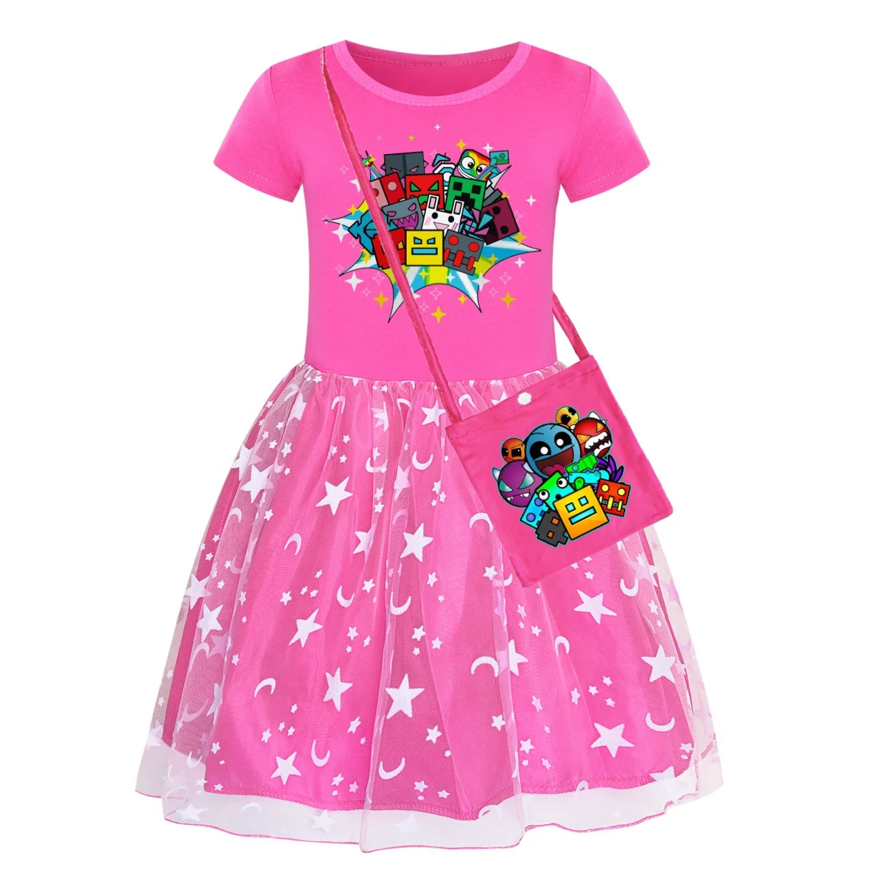 2024 New Game Geometry Dash Costumes Girls Dresses Bag Kawaii Kids Princess Dress Birthday party Costume with Bag