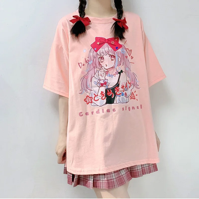 Janpanese Anime Cute Girl Printed T-Shirt Summer Fashion Y2k Tops Women Sweet Cartoon Clothes Streetwear Kawaii Round Neck Tees