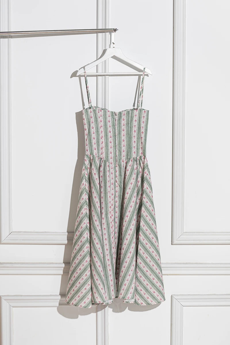 สีเขียวลายดอกไม้พิมพ์สปาเก็ตตี้เซ็กซี่ชุดผู้หญิง A-Line Midi วันหยุดปาร์ตี้ฤดูร้อน Robe