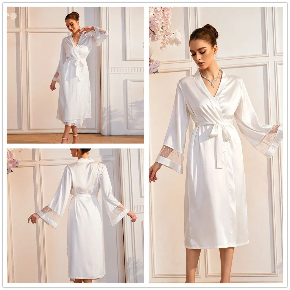 Ice Silk Satin Long Robe Bathrobe Kimono Elegant French Style Sleepwear Night Dress Patchwork Lace Negligee Homewear