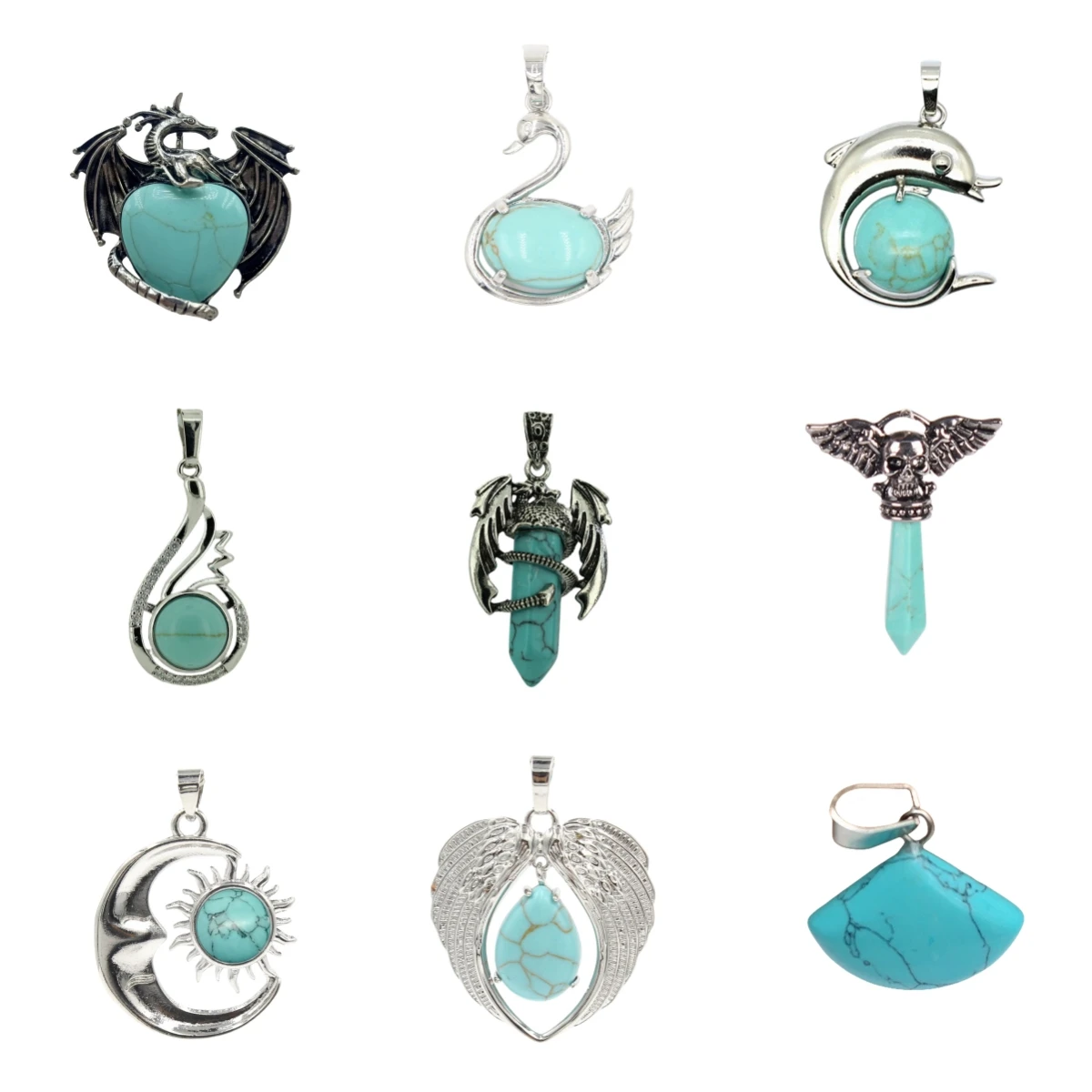 Turquoise Gemstone Pendant Jewelry Circular Hexagonal Column Elliptical Heart-shaped Fan Silver Wrapped Halloween Party Gift Bag