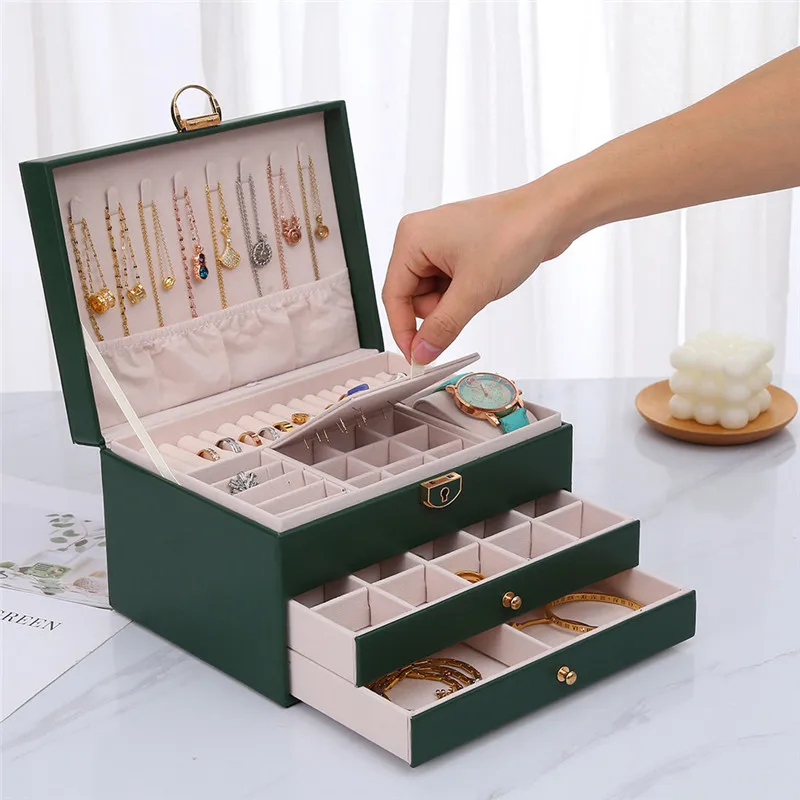 Vintage Jewelry Organizer Box For Ring Large PU Leather Earring Organizer Holder with 3 layers of the Drawer for Valentine Gift