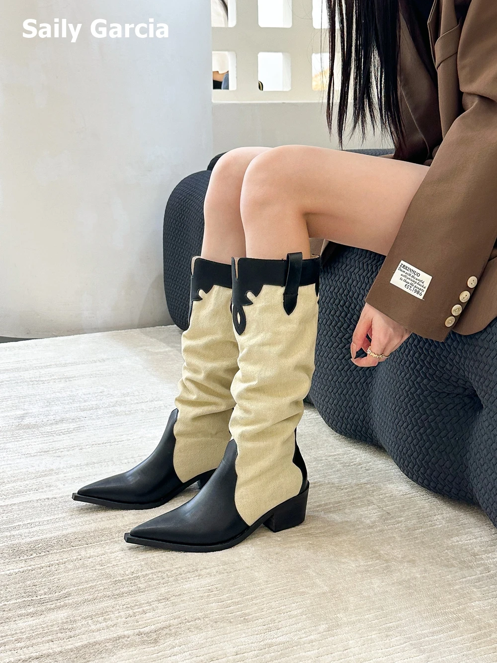 Retro Mix Color Pointed Toe Square Heels Boots Autumn/Winter New Design Microfiber Women Shoes Knee High Slip-On Cowboy Boots