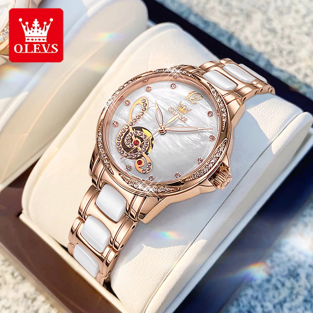 OLEVS 6656 Automatic Mechanical Wristwatch for Women Diamond Bezel Luminous Waterproof Ceramic Strap Ladies Watch Fashion
