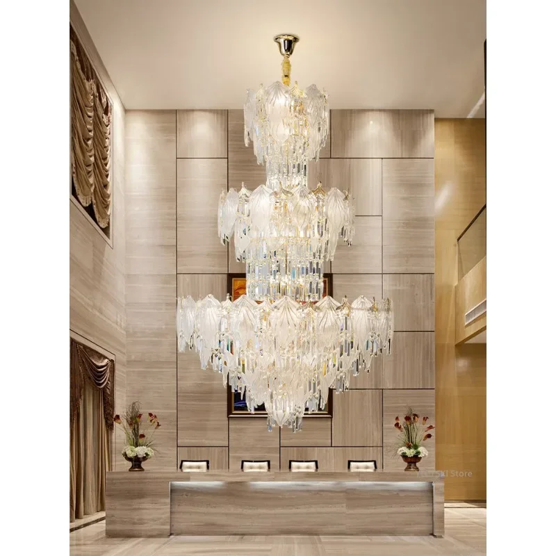 GHJUYIOL Duplex crystal chandelier, European style villa living room light luxury, post-modern mid floor lobby staircase long ch