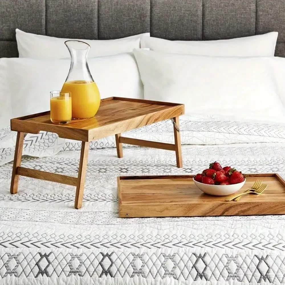 

Красивый деревянный прямоугольный прикроватный поднос из акации (с полкой) для различных стран на кровати