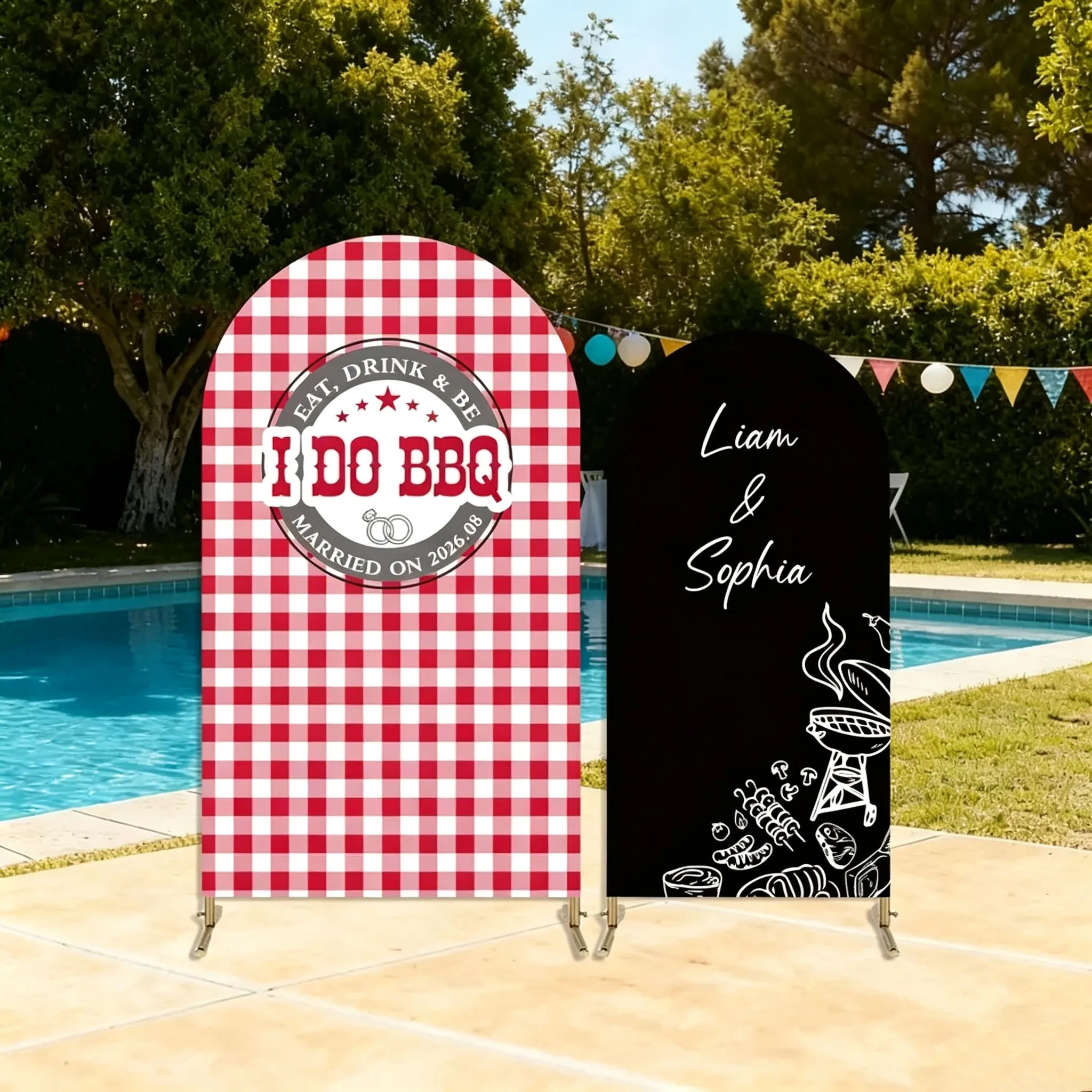 Custom 2-Side I Do BBQ Bridal Shower Arch Backdrop Cover Red Check Gingham Wedding Engagement Party Decor Backdrop Photo