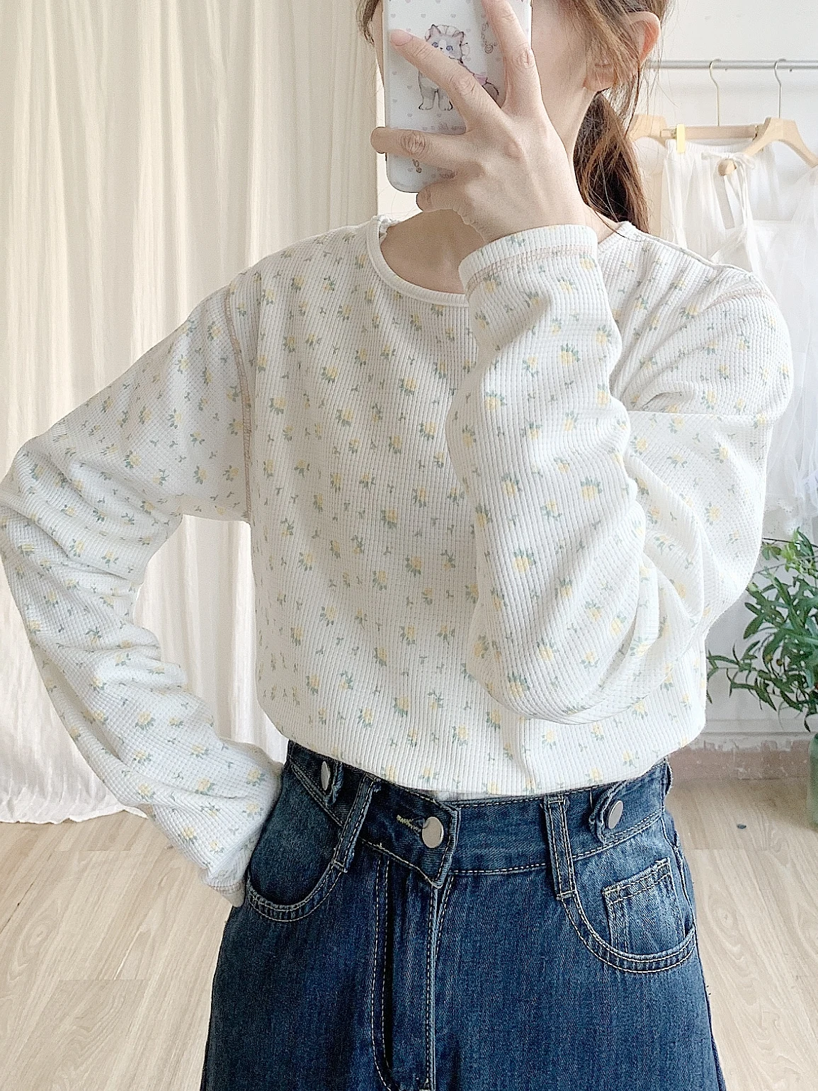 

Sweet Floral Print Long Sve Loose Women's Top Spring New Sle Japanese Sle round Ne T-irt Polyester Fiber 00%