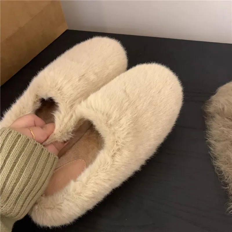 New Style Fashionable Women Fur Cotton Flats Shoes Fashionable Shallow Slip on Ladies Comfort Warm Plush Slides Women's Slippers