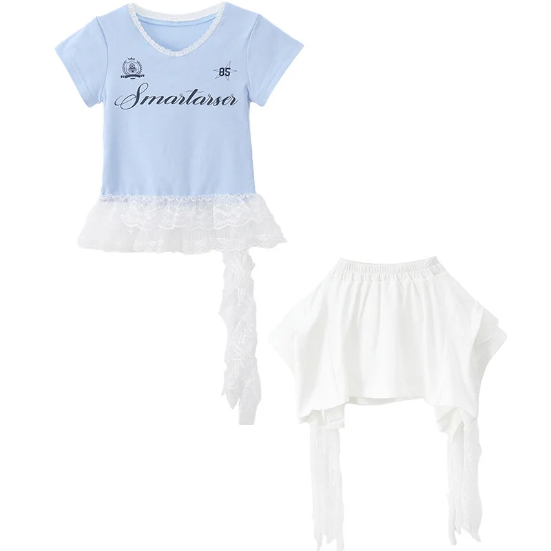 Vestiti per ragazze Hip Hop Bambini Jazz Street Dance Costume T-shirt blu Top Pantaloni strappati bianchi per outfit da spettacolo per bambini