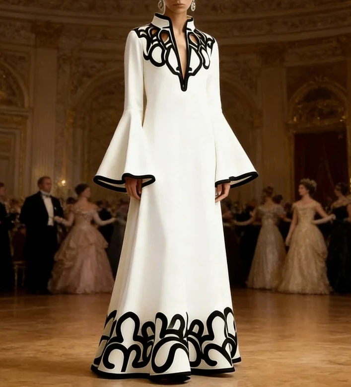 

Women's Spring Hollow V-Neck Flared Sleeves Lady Elegant Gown Artistic Vintage Maxi Dress for Formal Evening Party