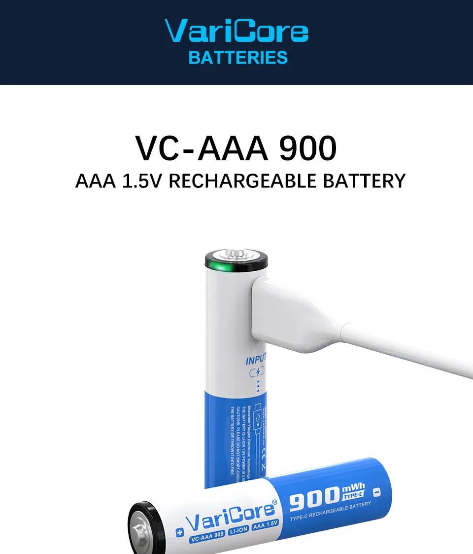 VariCore VC-AAA 리튬 이온 배터리(팁)/USB 유형 C 충전식/내구성/1.5V 전원 공급 장치/전압 배터리/대용량 900mWh