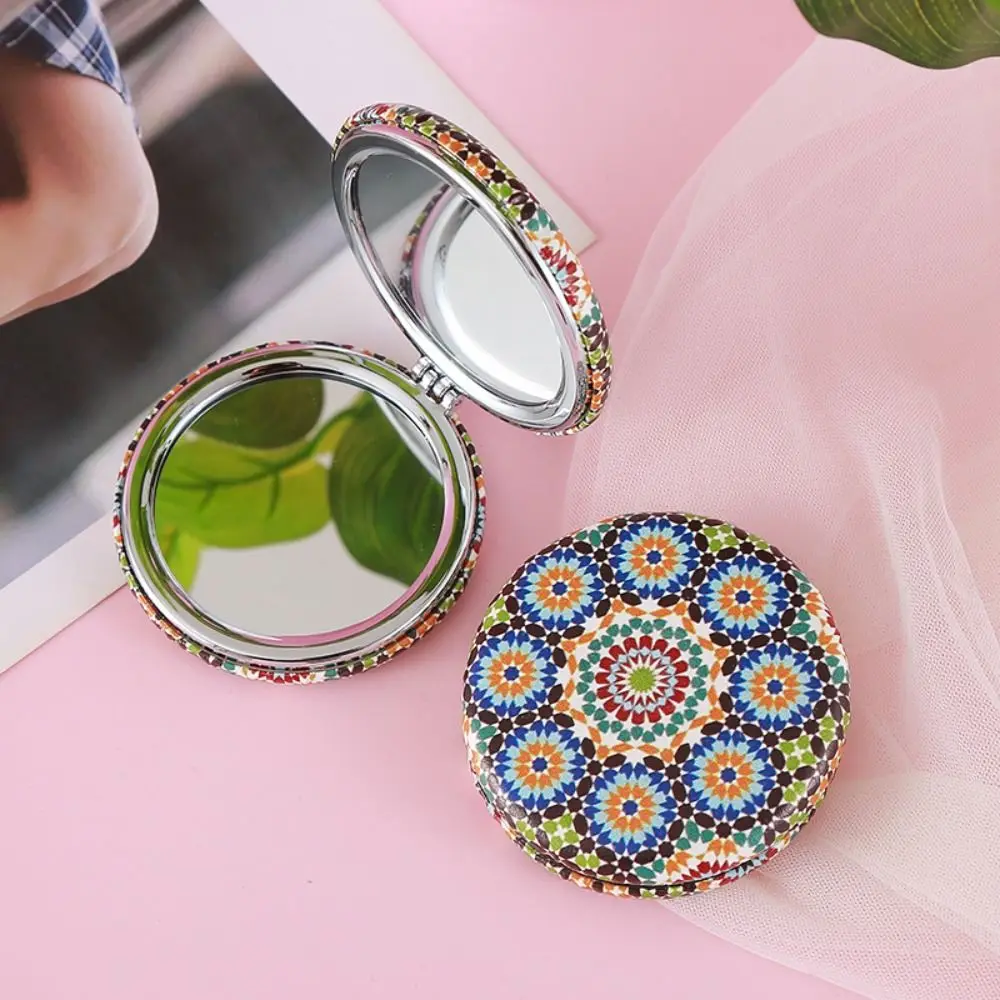 Pu Leather PU Desktop Stand Mirror Delicate Bohemian Circular Folding Makeup Mirror Round Easy To Carry Vanity Mirror Dormitory