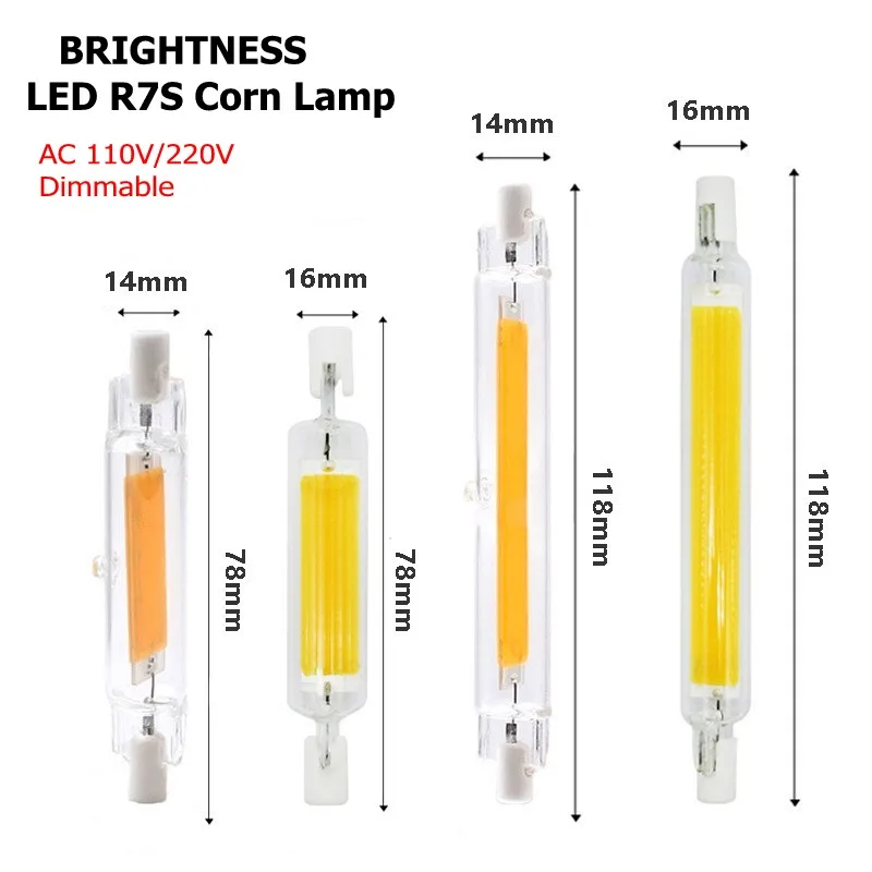 

4pcs Brightness Led R7S COB Glass Tube 78mm 118mm 189mm Led Bulb Light AC110V 220V Corn Lamp J78 J118 Replace Halogen Light