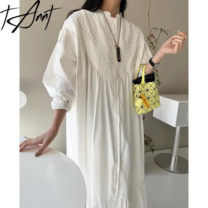 

Tannt Women Dress Lace Splic Lantern Sleeve Vintage Shirt Dresses Fashion Casual Black White Loose Long Dresses Women 2025 New