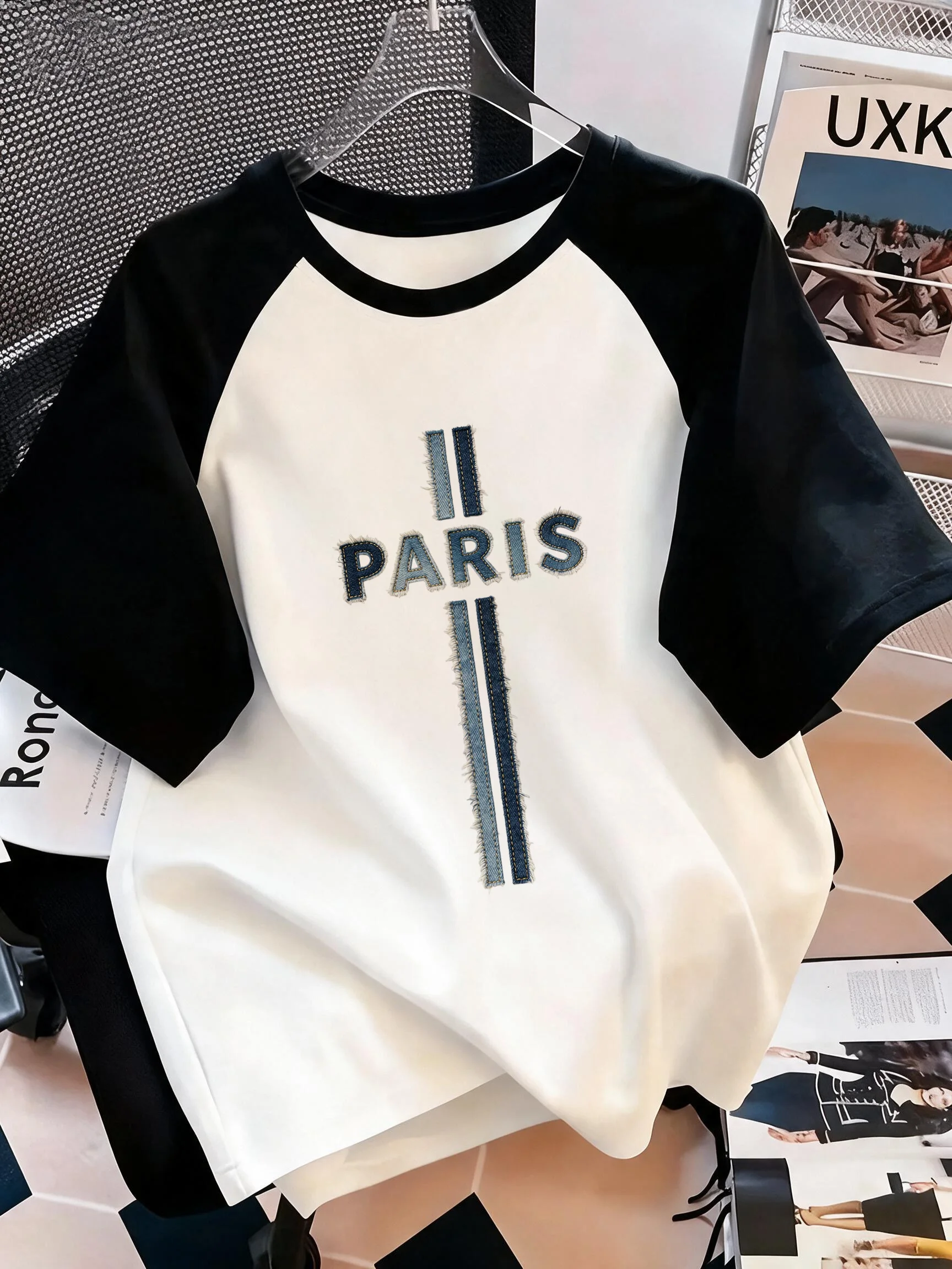 Casual Vintage Tops Tshirt Women's Retro Print Raglan Sleeve T Shirt with Design of Imitation Denim Fabric Letter Paris Clothes