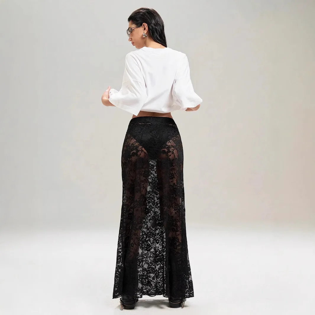 2026 New Spring Women's High Waist Lace Maxi Skirt Solid Color Bodycon Hip Hugging Sheer Floral Lace Streetwear Skirt