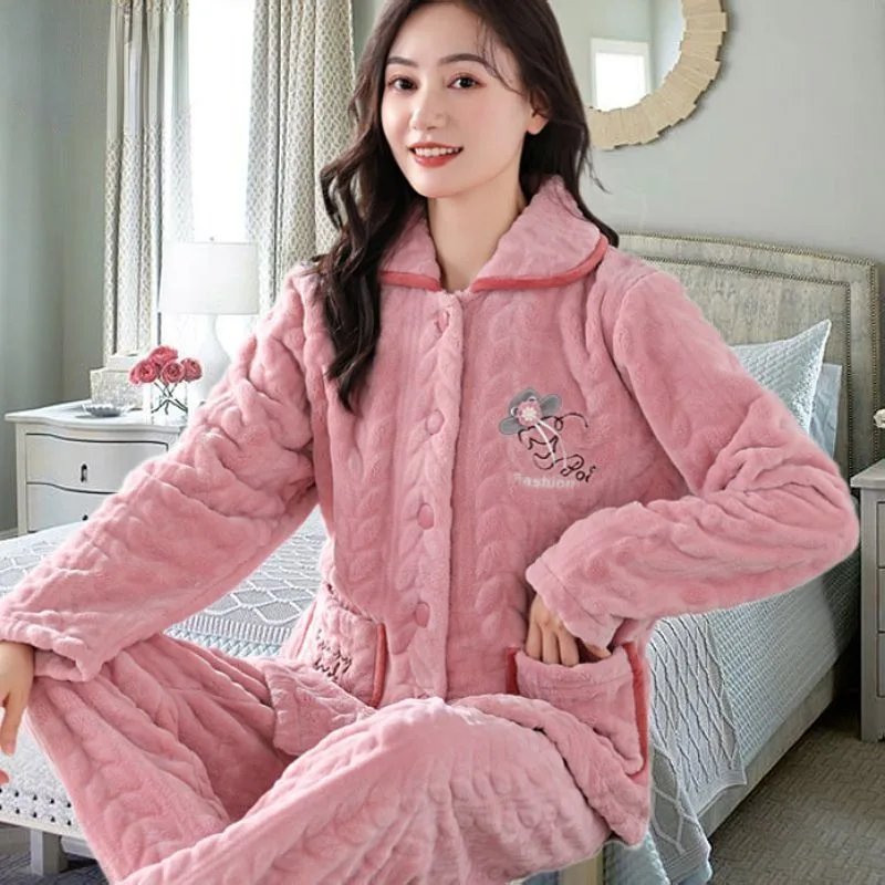 2024 New Coral Velvet Pajamas Women Autumn Winter Fleece Thickening Sleepwear Middle-aged and Elderly Mothers Flannel Loungewear