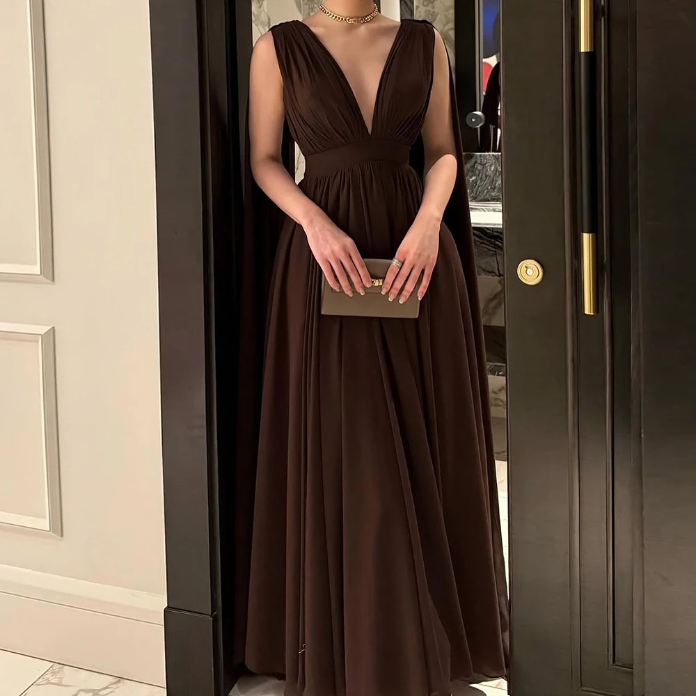 

Customized A-line Evening Dresses Floor-length V-neck Sleeveless Prom Gown Simple Fashion Backless Draped Casual Party Gown