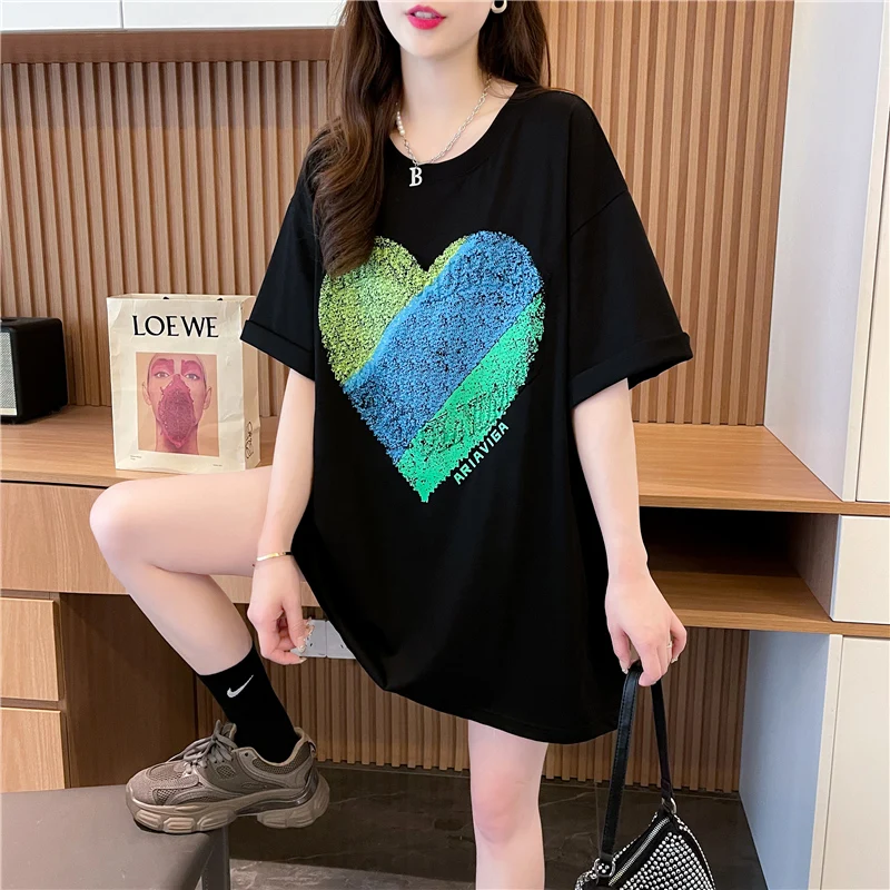 

Personalized Colorful Love Cotton Short Sleeve T-shirt Women's Summer New Large Size Loose Drop Sleeved Top Oversized Tshirts