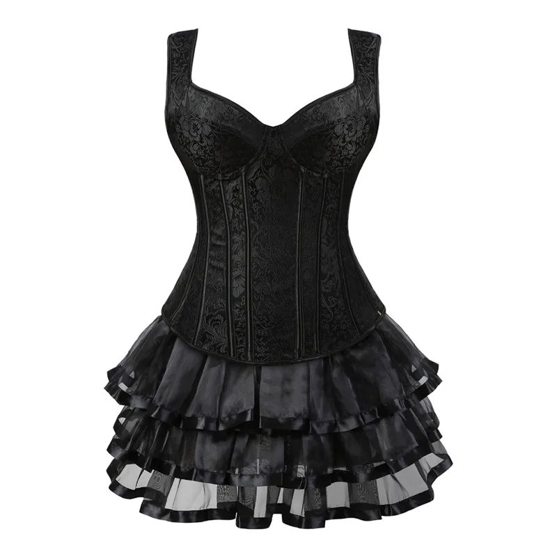 Gothic Sexy Shoulder Strap Corset Bustier Dress Overbust Corsets and Skirt Set Tutu Corselet Women Vintage Burlesque Costume