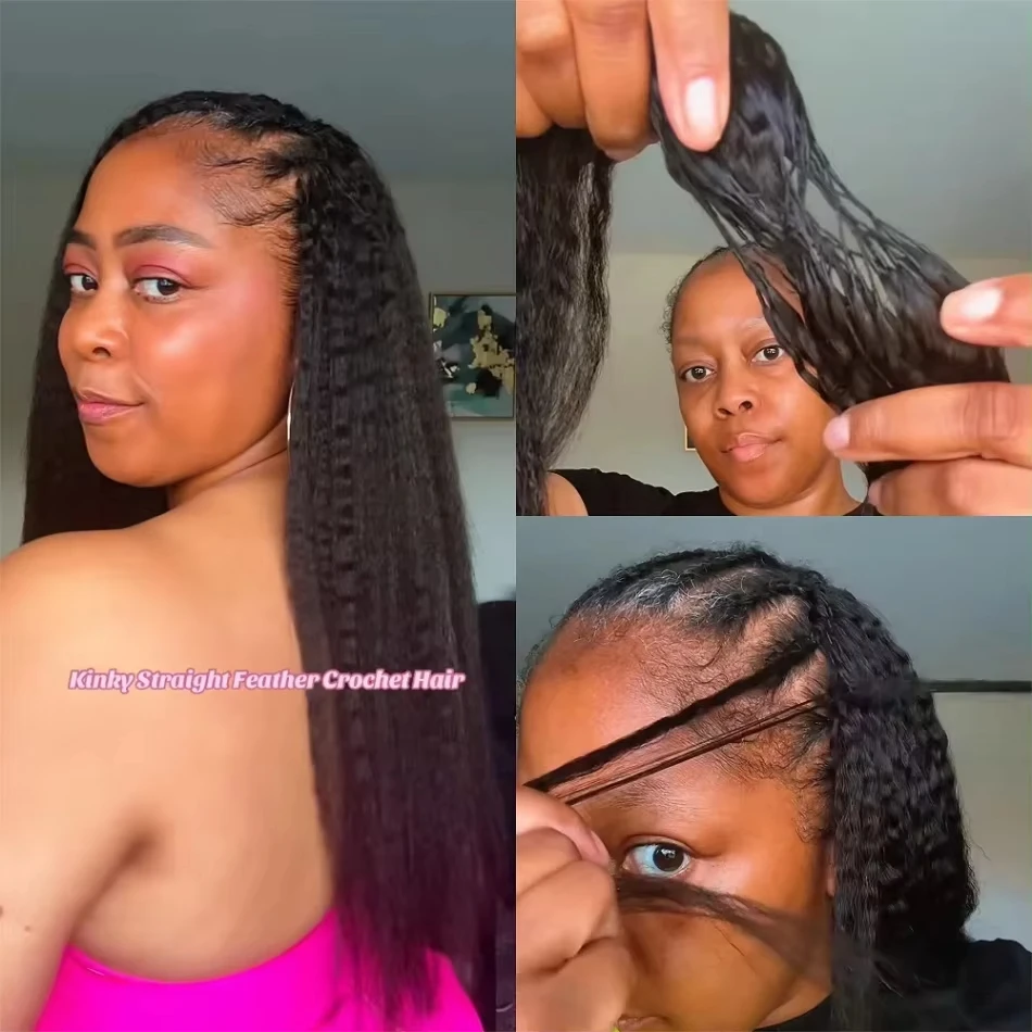 

Накладные волосы Kinky Yaki Straight Crochet из натуральных человеческих волос, невидимые бесшовные пряди, предварительно разделенные бразильские пучки