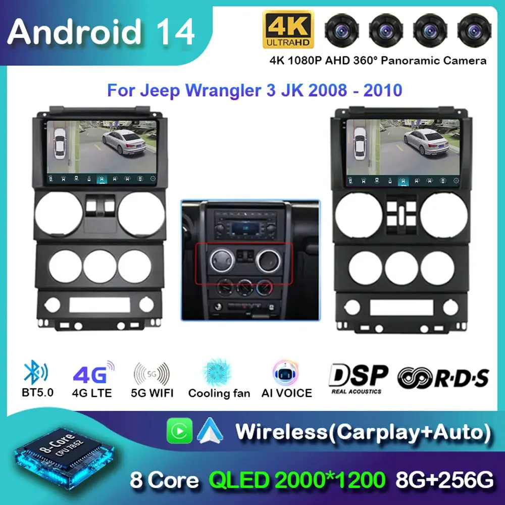 

CarPlay Android 14 For Jeep Wrangler Unlimited 3 JK 2008 - 2010 360 Camera Car GPS Navi Head Unit Radio Auto 4G LTE WiFi DVD