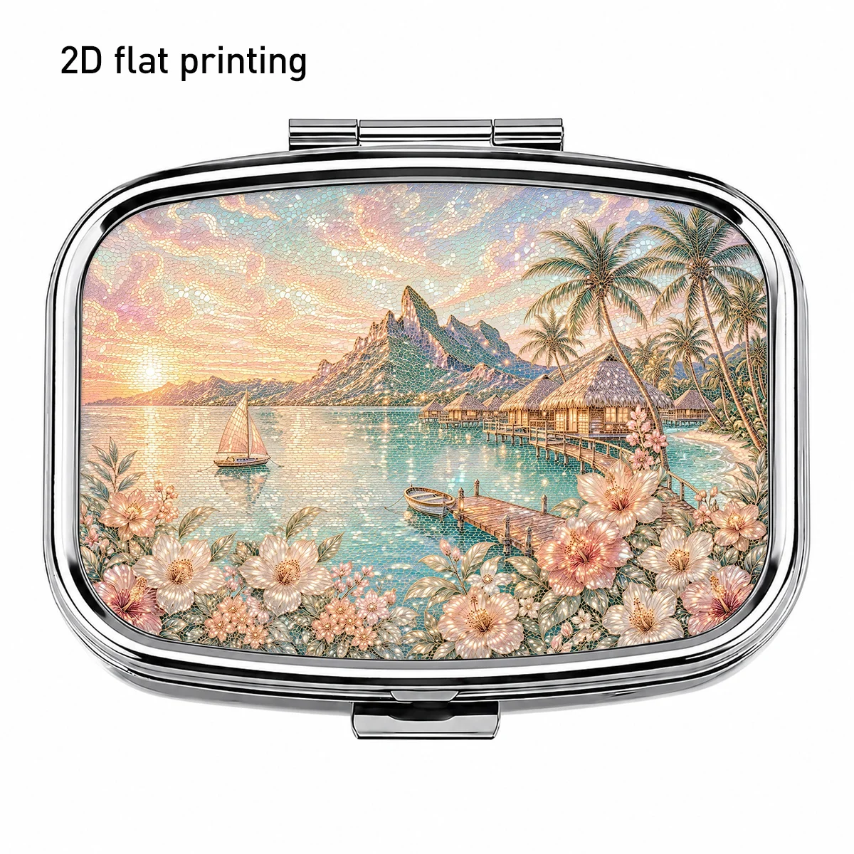 Square Metal Pill Box with Tropical Bay Sailboat Design, Creating a Romantic and Dynamic Atmosphere, Suitable for Everyday Storage in Bags. Two-Compartment Portable Storage Box for Organizing Small Items, Accessories, Medicines, and Vitamins. the Compartmentalized Design Makes It Easy to Access, and the Compact and Attractive Appearance Makes It Convenient to Carry Around. It Is Suitable for Use at Home or on the Go, and Makes an Ideal Thoughtful Gift.